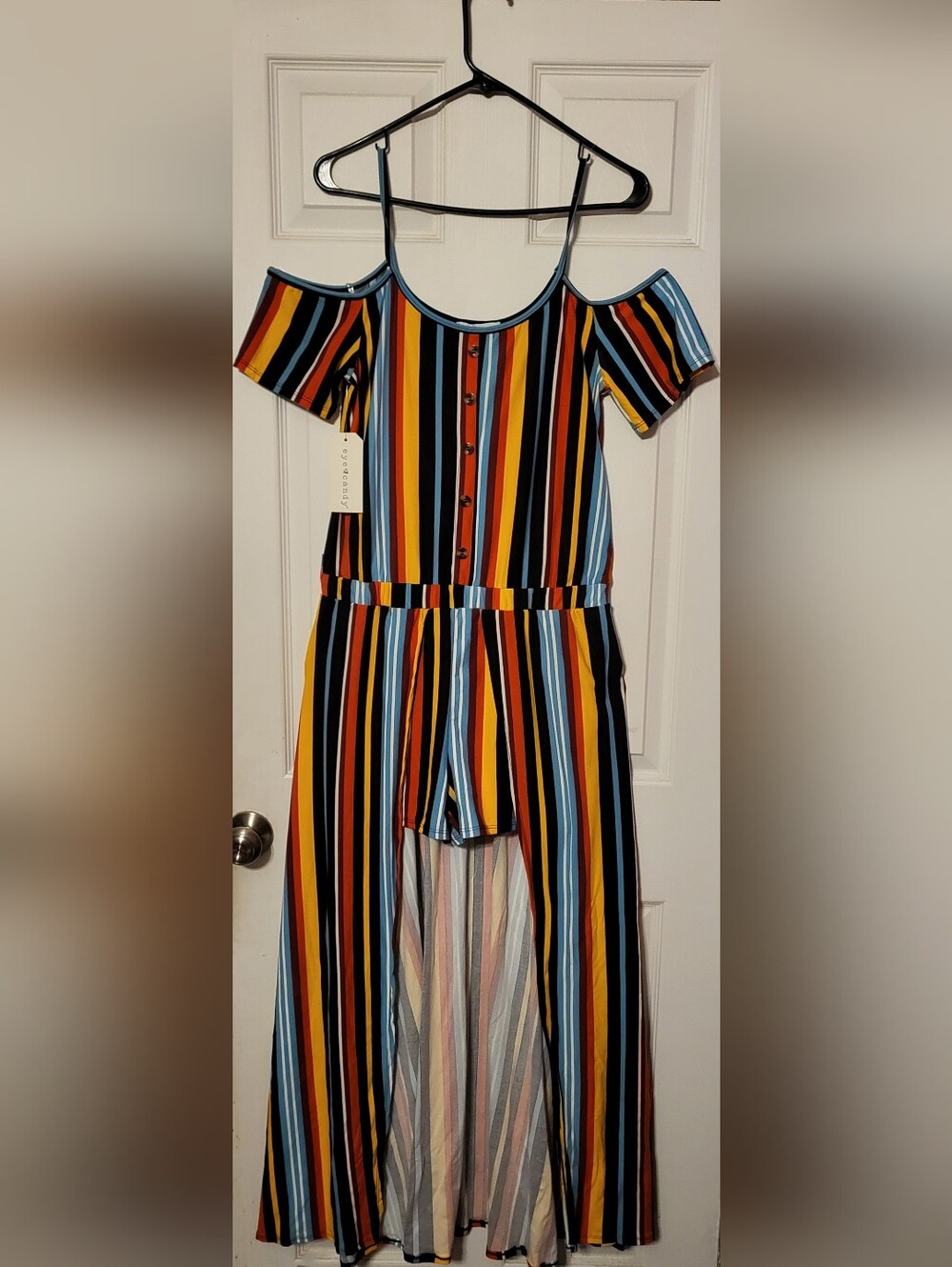 Women's Cold-Shoulder Striped Maxi One-Piece XL Romper Multicolor Eye Candy NWT
